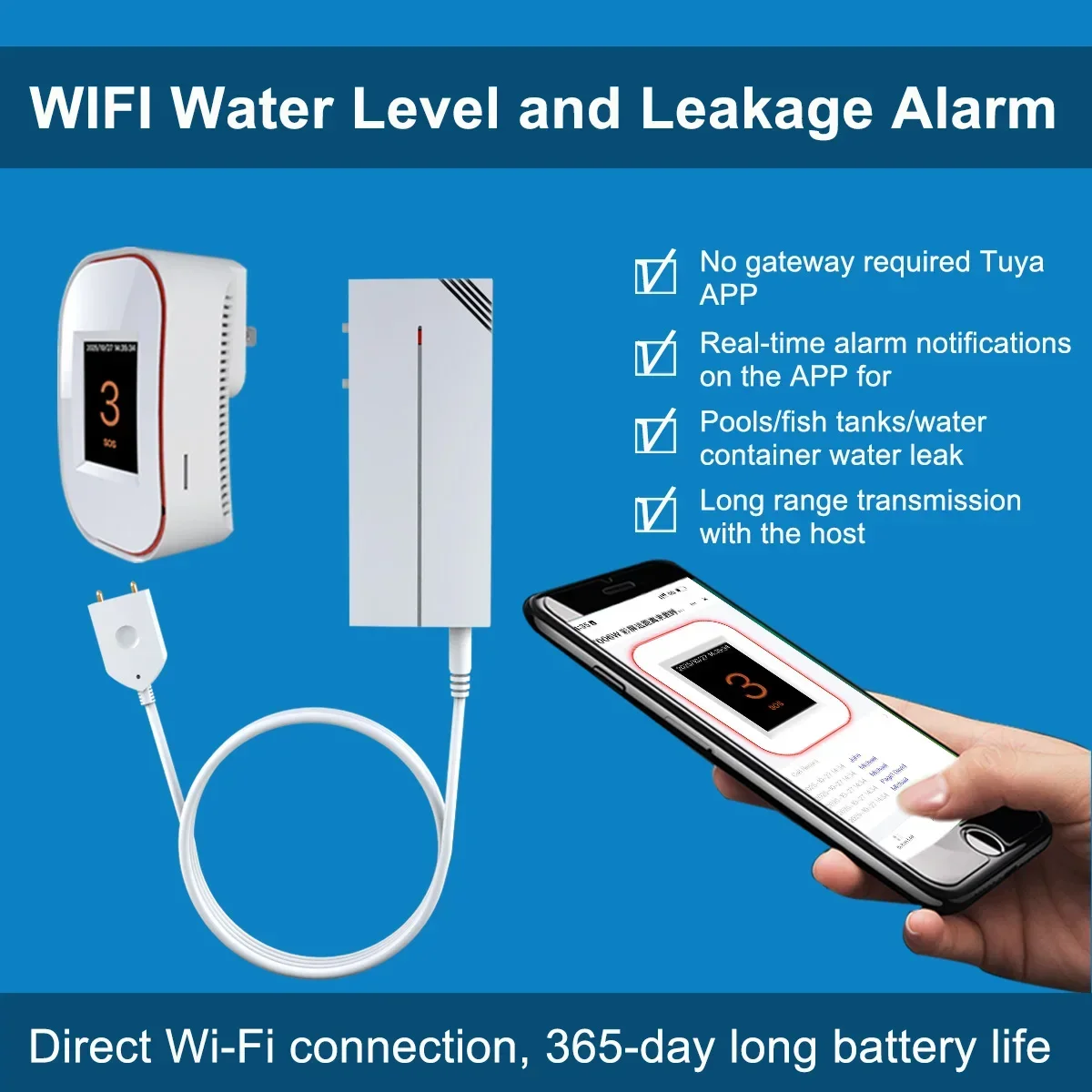 Haozee Tuya WIFl Water Leakage Sensor Smart Water Leak & Flood Detector 500m Open-Air Range Security Sound Alarm System