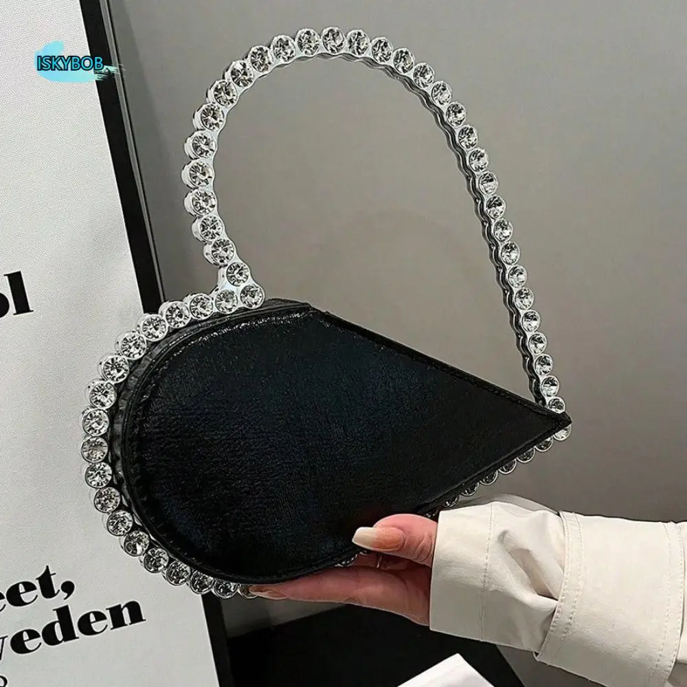 

Rhinestone Evening Banquet Bag Wrist Bag Large Capacity Love Shape Handbag Messenger Purse Metal Handle Ladies Clutch Bag
