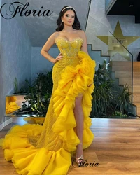 Yellow Mermaid Prom Dresses With Side Slit Sweetheart Crystals Cocktail Dresses Coutures Gowns Party Gowns Vestidos De Noche