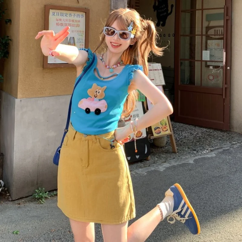

Summer new 3D embroidered cute cat design Japanese casual street ladies dopamine cute sexy vest emo