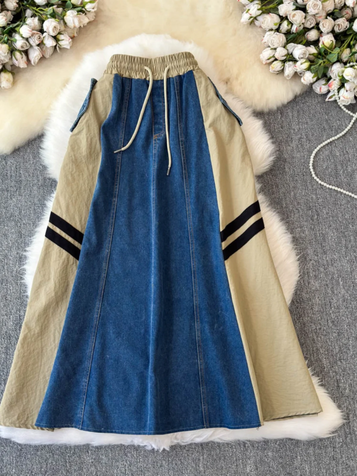 

Retro American Denim Patchwork High Waist Slimming Midi Skirt Women's Summer New Design Pr Line Dstring A-Line Skirt