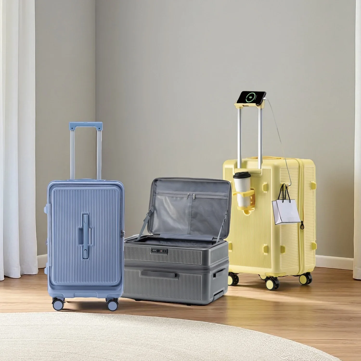 

Smart Side-Open Suitcase Charging port Retractable Cup Holder Hook Durable ABS+PC Luggage 20/24/26/28" Travel Trolley TSA Lock