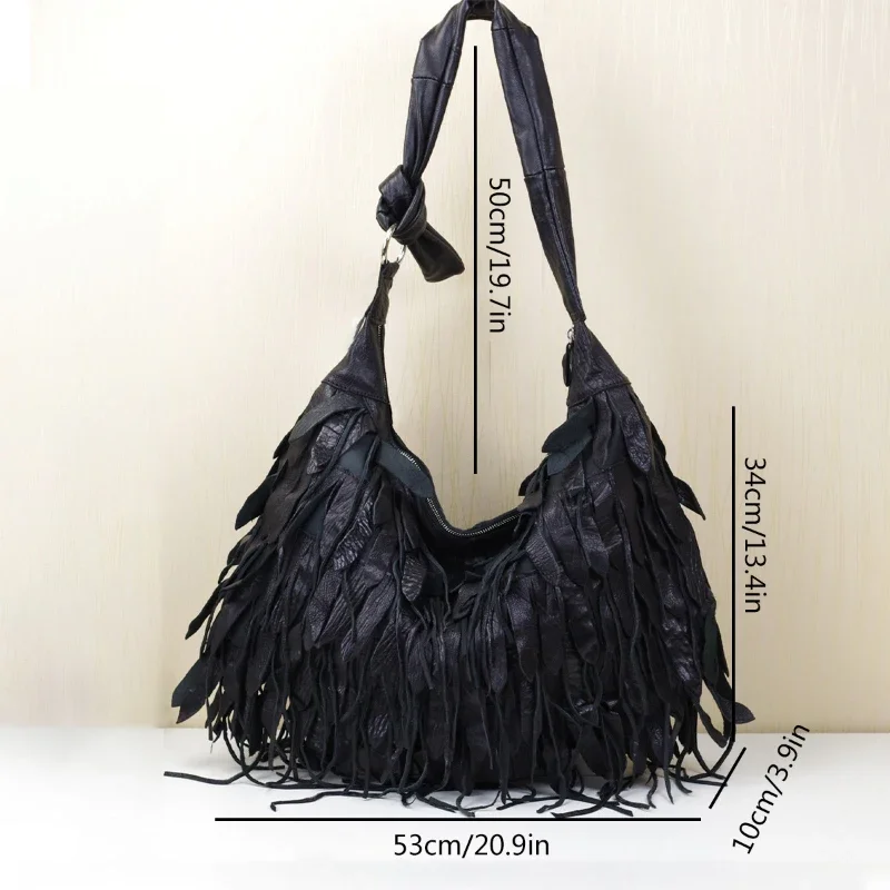 New Leather Women's Bag Shoulder Bag Soft Black Striped Fringe Personalized Vintage Large Capacity Tote Bag