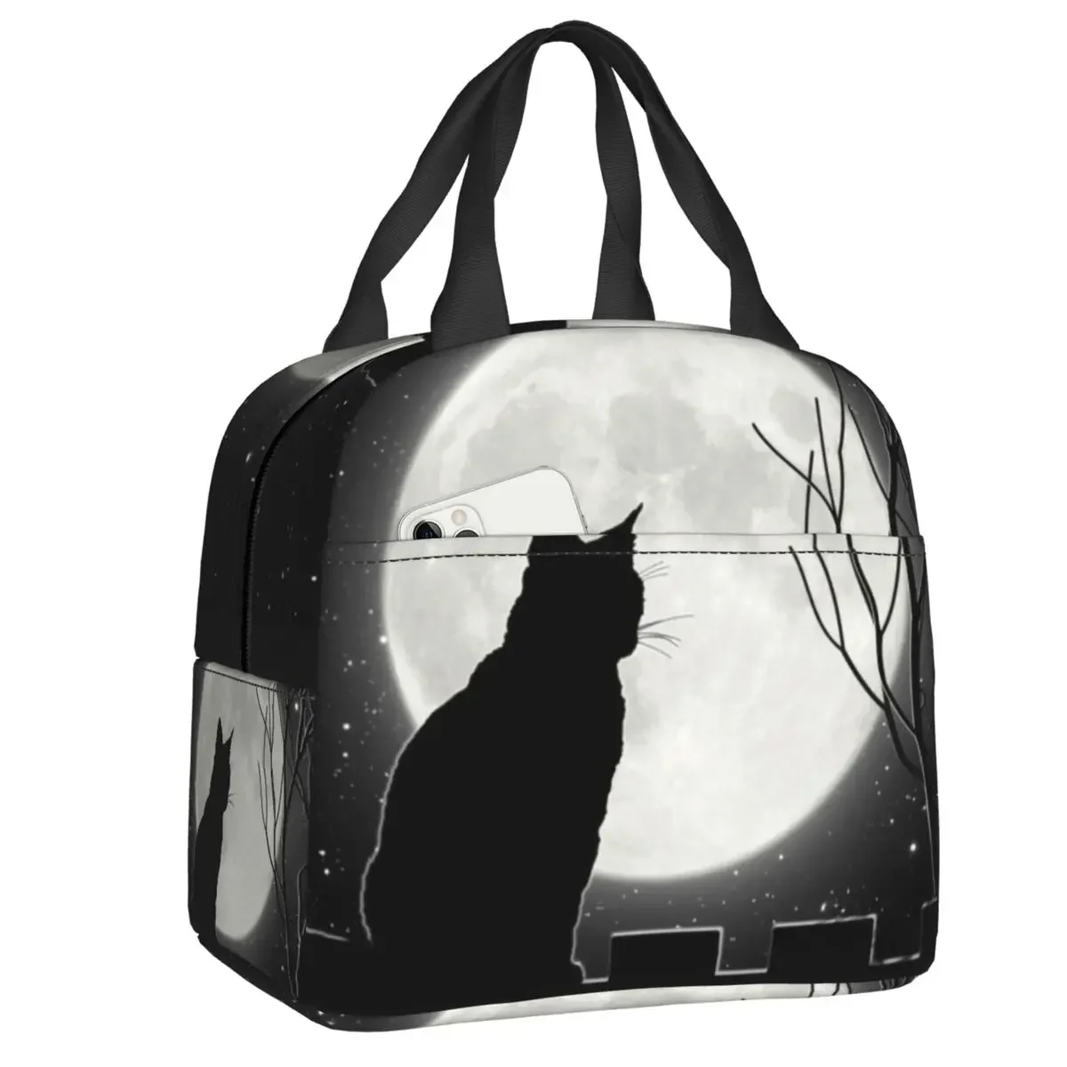 Black Cat Looking At The Full Moon Insulated Lunch Tote Bag for Women Animal Cartoon Portable Thermal Cooler Bento Box