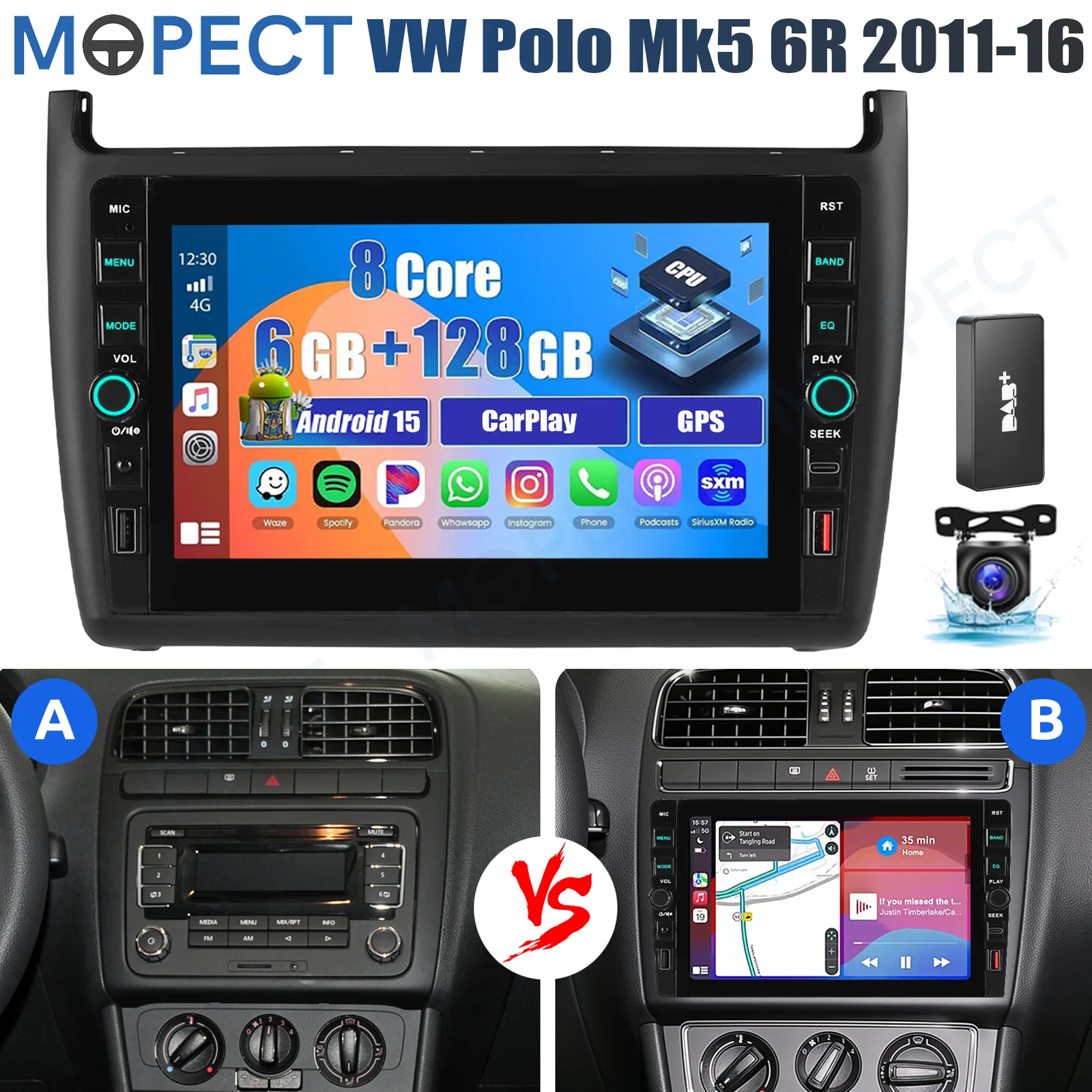 Autoradio MOPECT 8 pouces 6+128G pour Volkswagen Polo 6R 6C 2009-2017 Android 15 CarPlay, écran tactile GPS 4G, Bluetooth+DAB&AHD