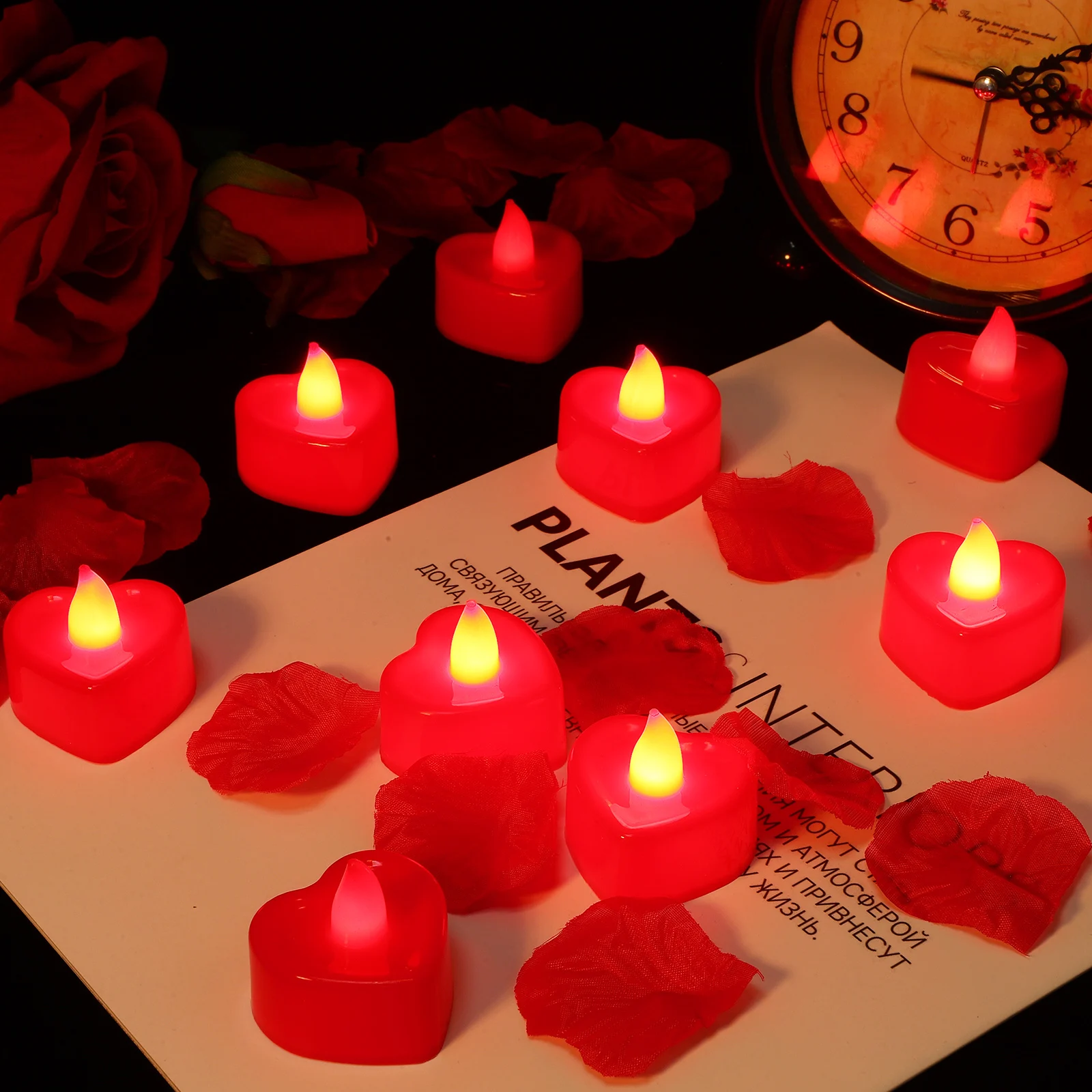 1 Juego de velas LED con forma de corazón, conjunto de decoración romántica, propuesta del Día de San Valentín, pétalos de rosa, decoración romántica para aniversario de boda