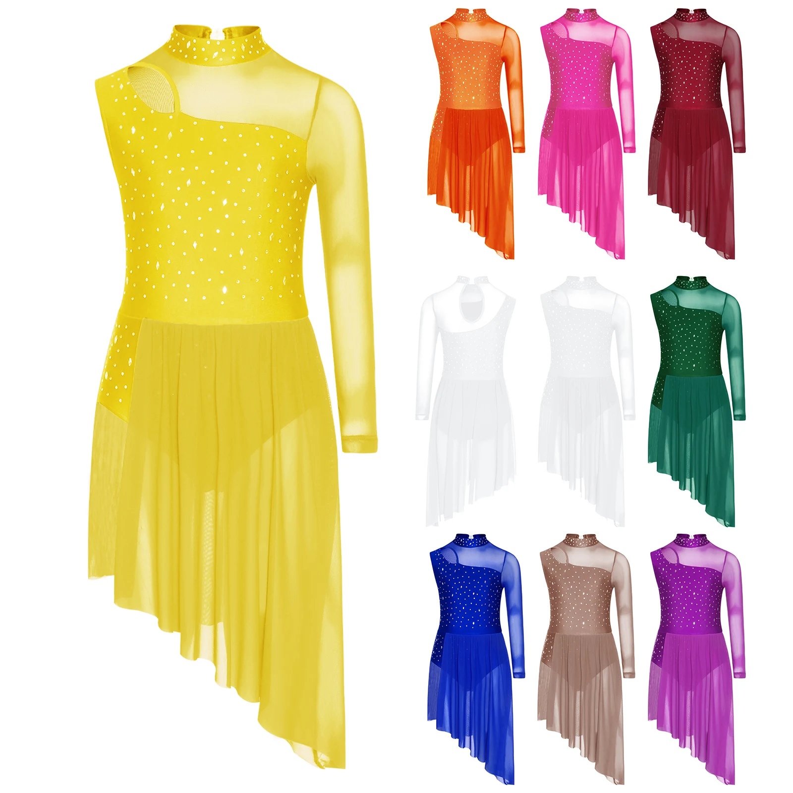 Kinderen Meisjes Strass Kunstschaatsen Jurk Ballet Dans Artistieke Gymnastiek Turnpakje Tutu Sheer Mesh Jurk voor Lyrische Dancewear
