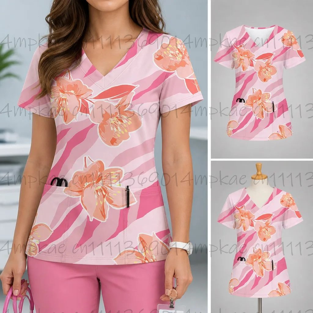 Women's Work Clothing Floral Print Nurse V-Neck Pocket Frosted Top Women's Medical Nursing Gown Accessories Uniform