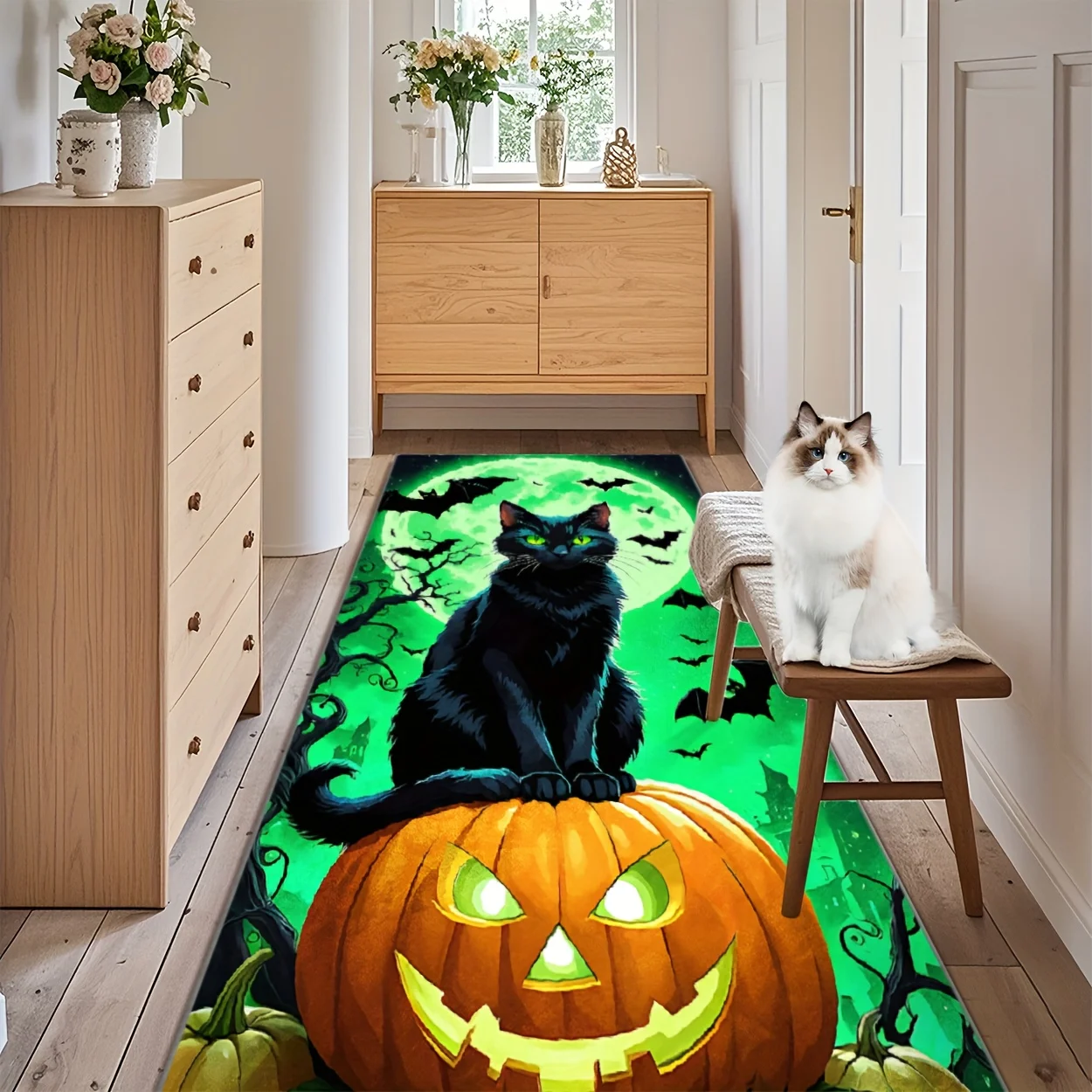 Green Moon Black Cat Pumpkin Bat Pattern Long Runner Rug, Soft Wear‑resistant Household Floor Mat, Spooky Halloween‑style