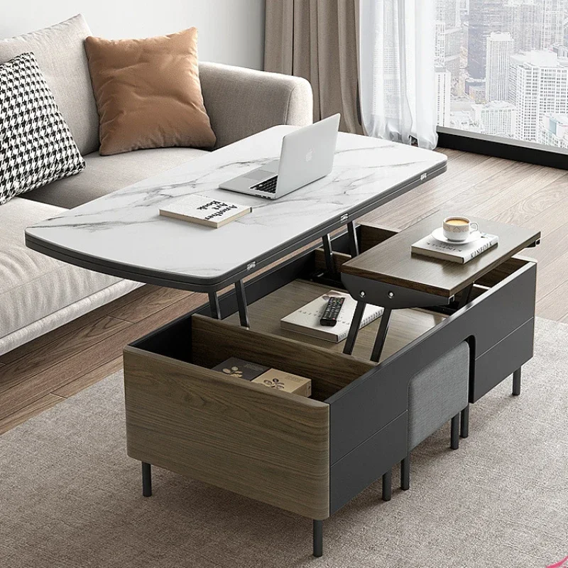 Multifunctional Stone Plate Lifting Tea Table Folding Dining Table Dual-Use Small Apartment Modern Minimalist Tea Table