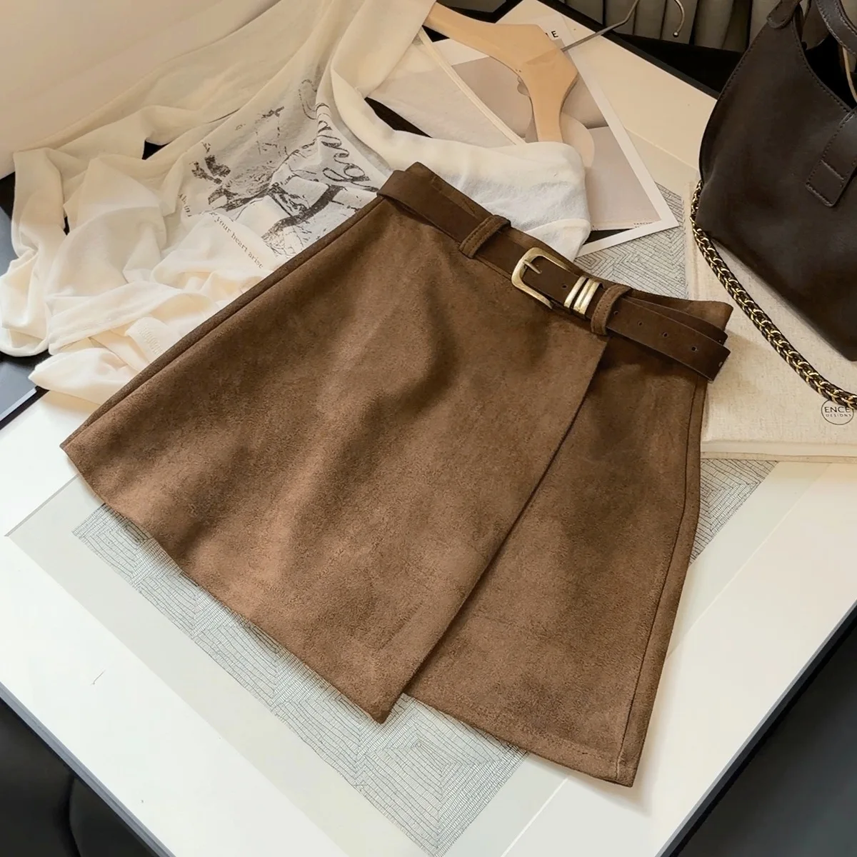 Split Suede Skirt Women Autumn New Retro High Waist Anti-light A-word Skirt