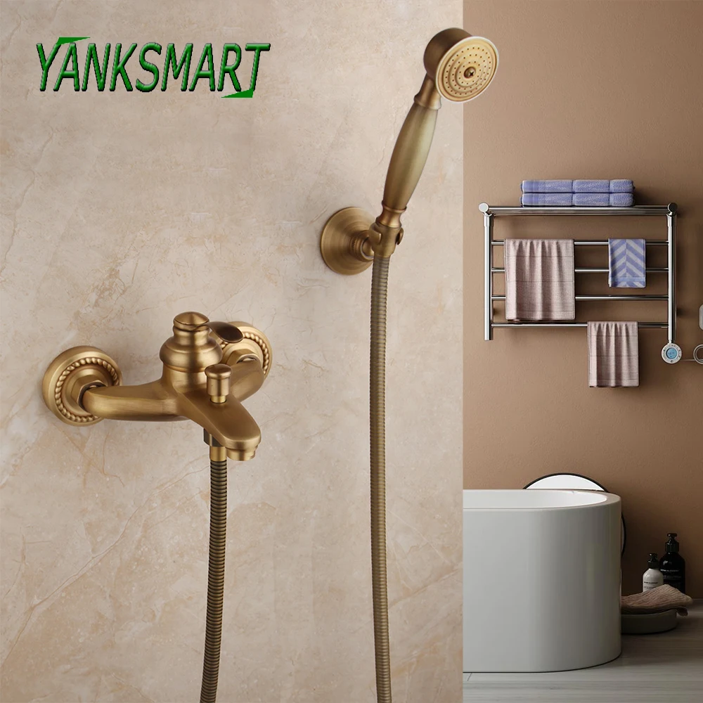 

YANKSMART Bathroom Bath Shower Faucets Wall Mounted Hand Held Antique Brass Shower Head Kit Shower Faucet Sets