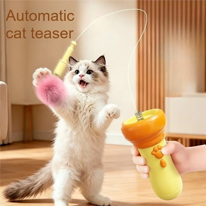 FAST-Teasing Stick Electric Cat Teaser Catapult Retrievable Launching Interactive Paw Printed Wand Boredom Relief For Cats