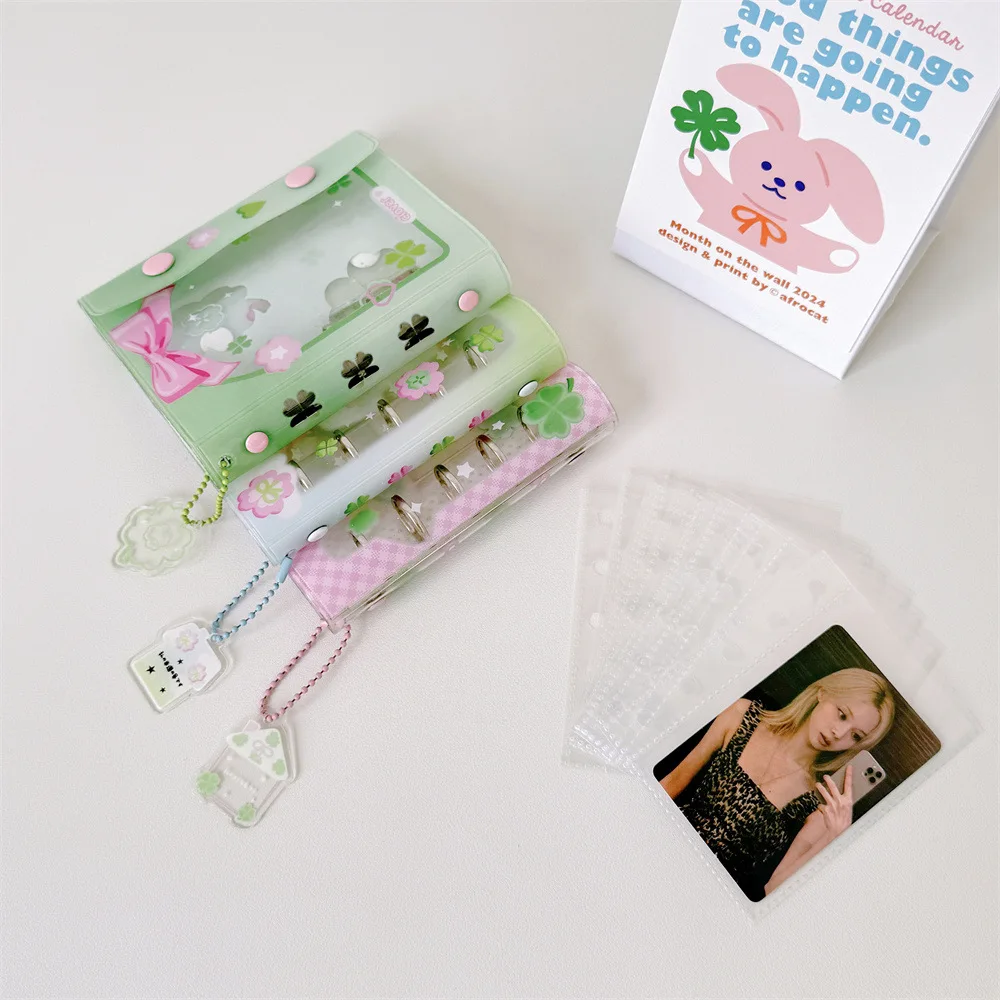 Luckly Clover Mini Photo Album With 10pcs Sleeves 1pc Pendant Protable Kpop Idol Photocard Holder Stationery