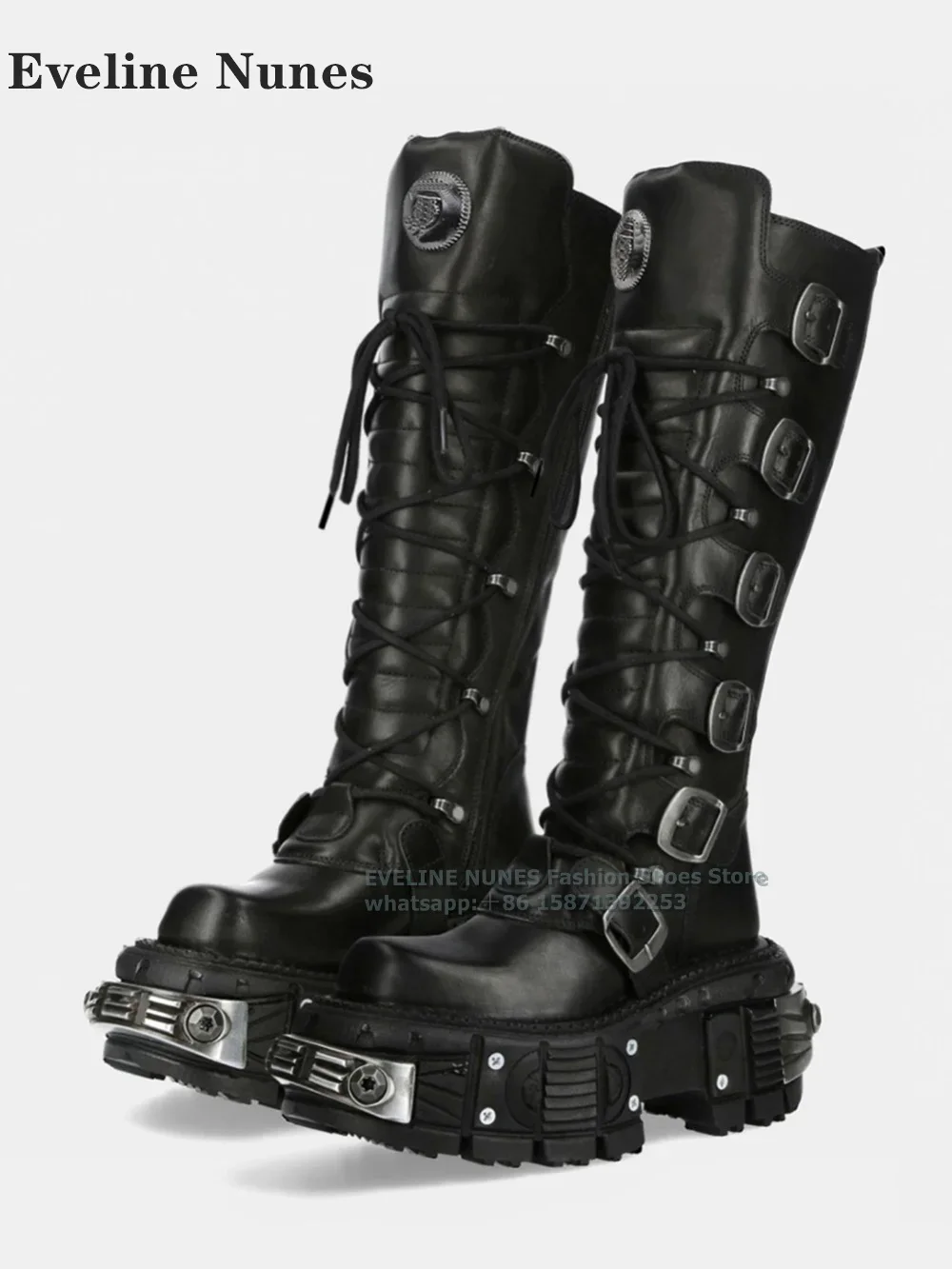 Belt Buckle Metal Decoration Punk Long Boots Cool Dark 2024 Round Toe Thick Sole Rivet Platform Side Zipper Rock Motorcycle Boot