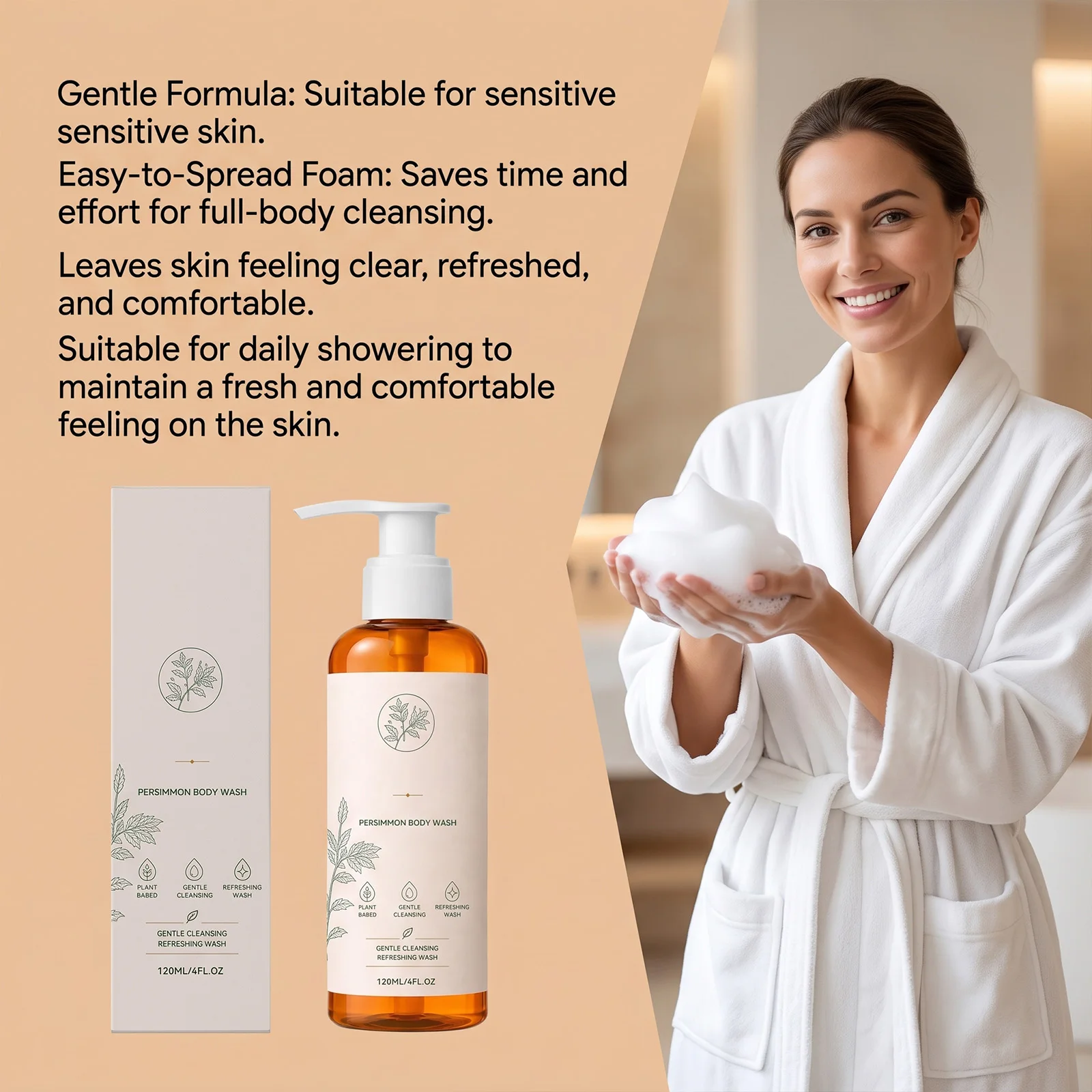 Persimmon Body Wash Odor Remove Deodorant Shower Gel Rich Creamy Foam Gentle Cleaning Soothing Skin Body Wash for Sensitive Skin