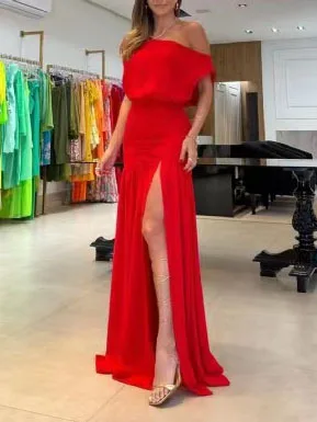 Summer Fashion Elegant Oblique Neck Split Evening Dress Women Sexy Off Shoulder Solid Split Dress Women