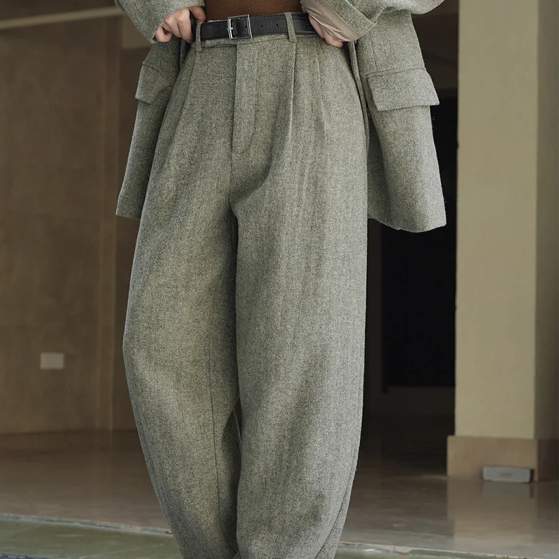 Autumn and winter wool women\'s casual solid color high waist loose wide leg pants