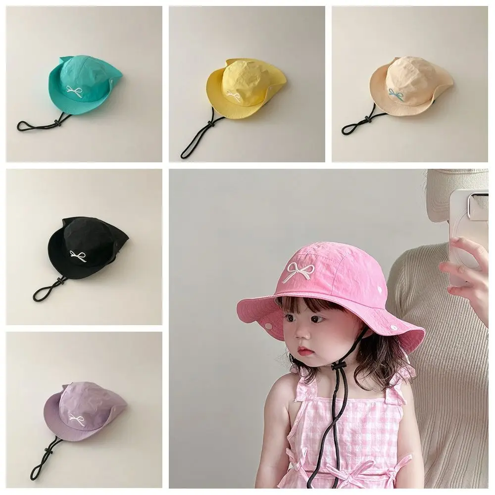 

Корейский стиль, шляпа-ведро ярких цветов, быстросохнущая летняя детская шляпа от солнца с бантом и вышивкой, анти-УФ-солнцезащитная шляпа с затенением