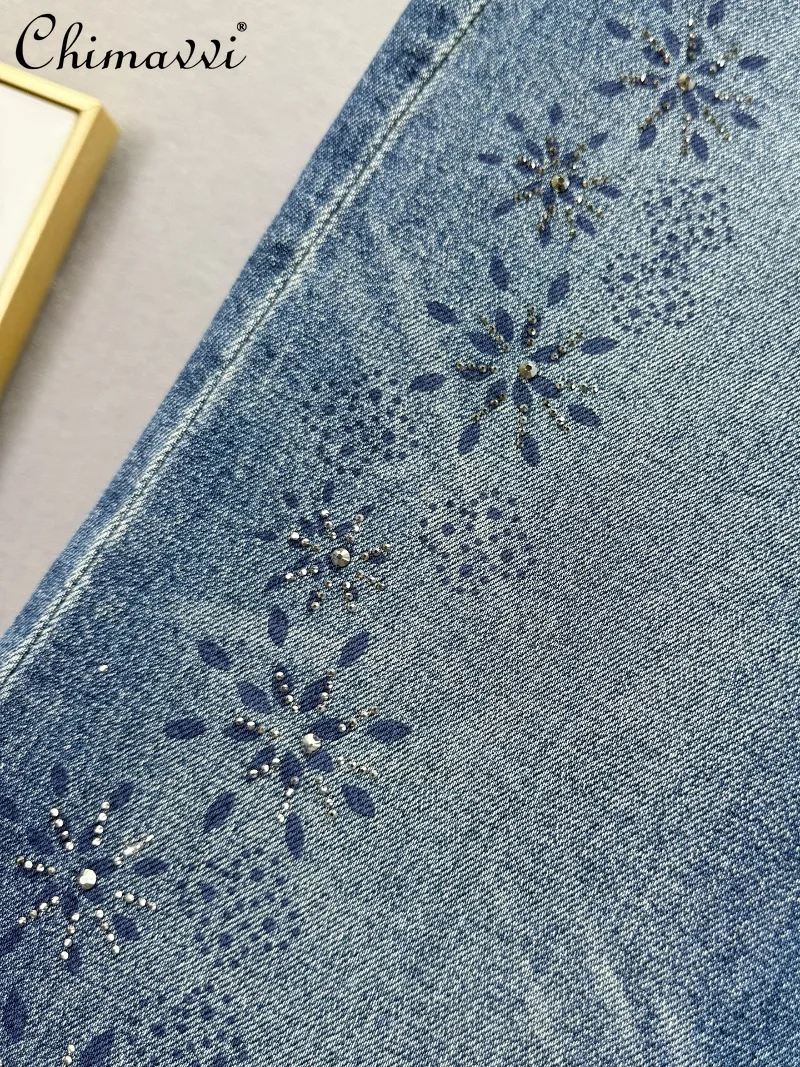 헤비 라인스톤 데님 와이드 레그 팬츠 여성 가을 신상 하이웨이스트 루즈 슬림 유럽 스타일 롱 팬츠