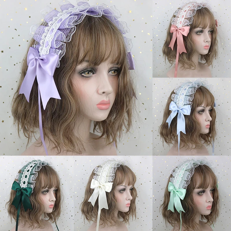 Japonês Lolita Lace Bow Headband, Ruffled Ribbon, Handmade Headdress, Sweet Girls Maid Cosplay, Anime Headwear, Acessórios de cabelo