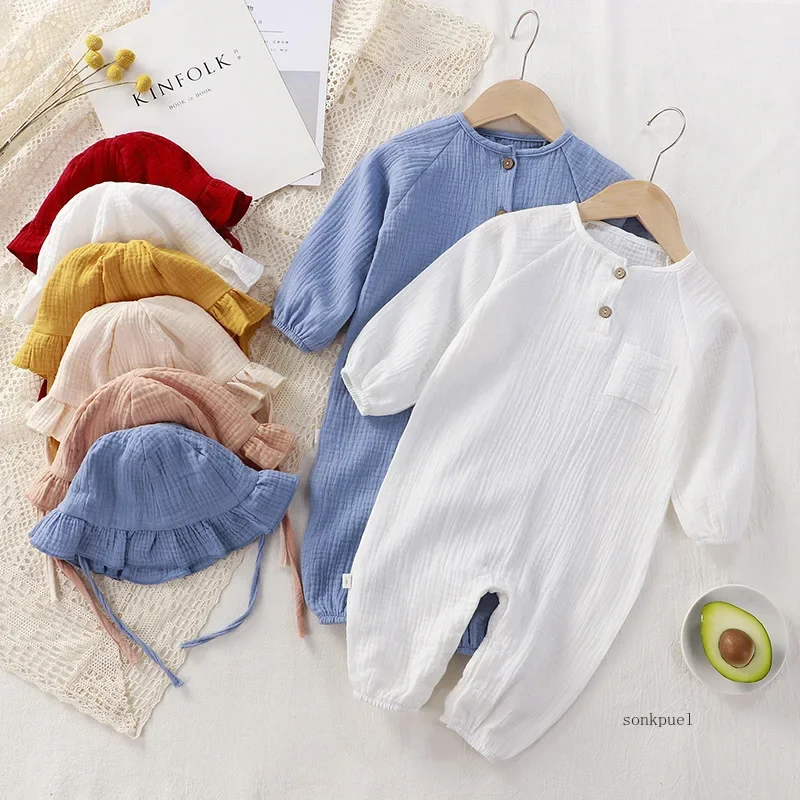 Muslin Baby Romper Hat 2Pcs Cotton Kids Jumpsuit Newborn Girl Boy Clothes Toddler Onesie Infant Ouitfit Set Baby Clothing