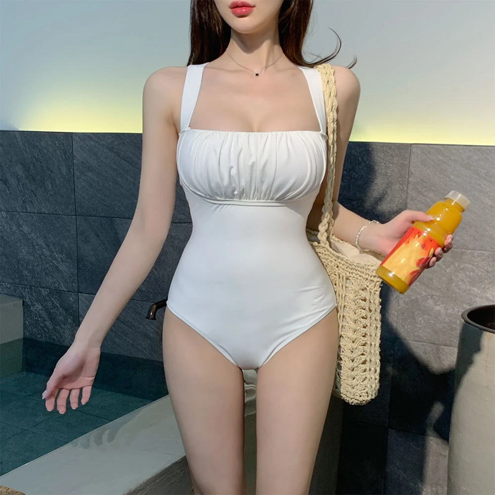 

2025 White One Piece Swimsuit Women Swimwear Sexy Padded Bandeau Swimming Suit Korean Slimming Bodysuit Beach Wear Bathing Suit