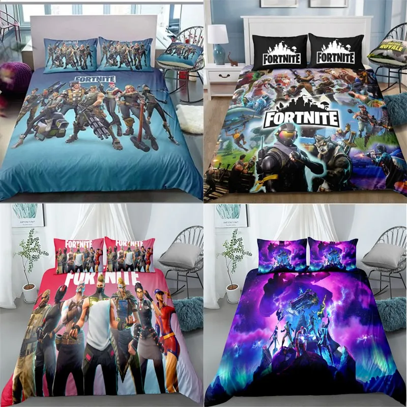 Set sprei tiga potong motif kartun Fortnite yang tampan, merchandise game, hadiah kecil