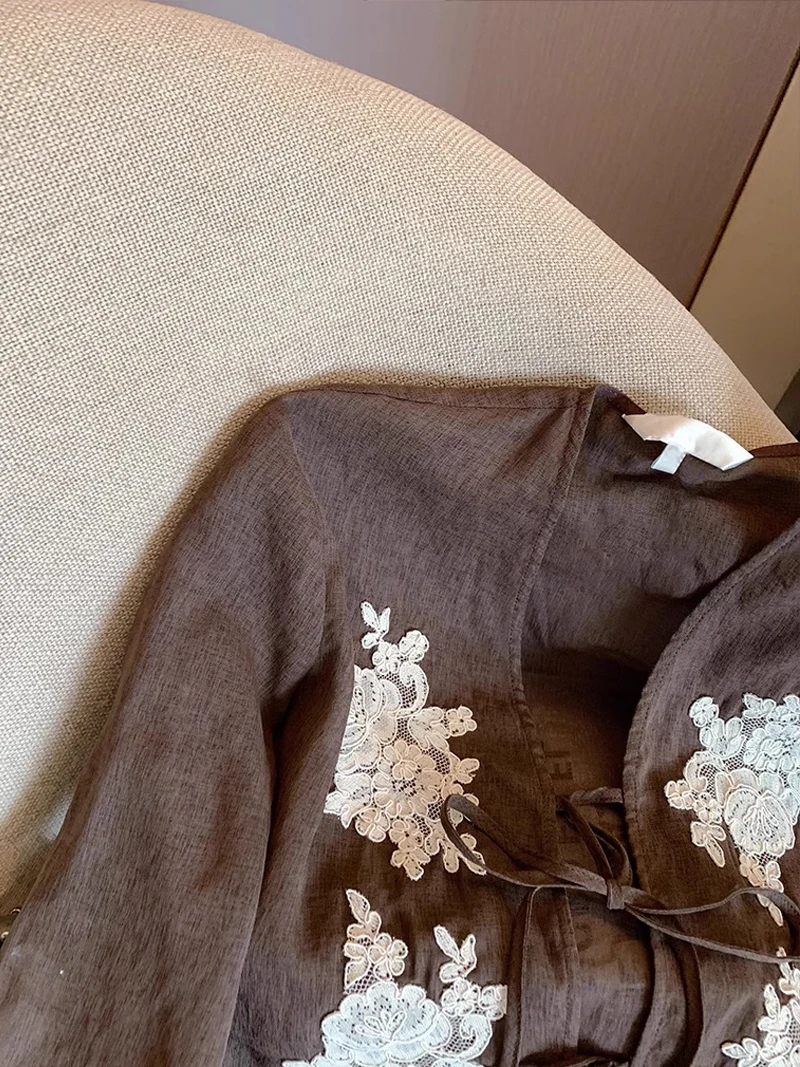 American Sle Rebites Retro Lace Bordado Cinto V-ne Dr irt Mulheres Verão Sensation de Alta Precisão Solto Combinável Bel...