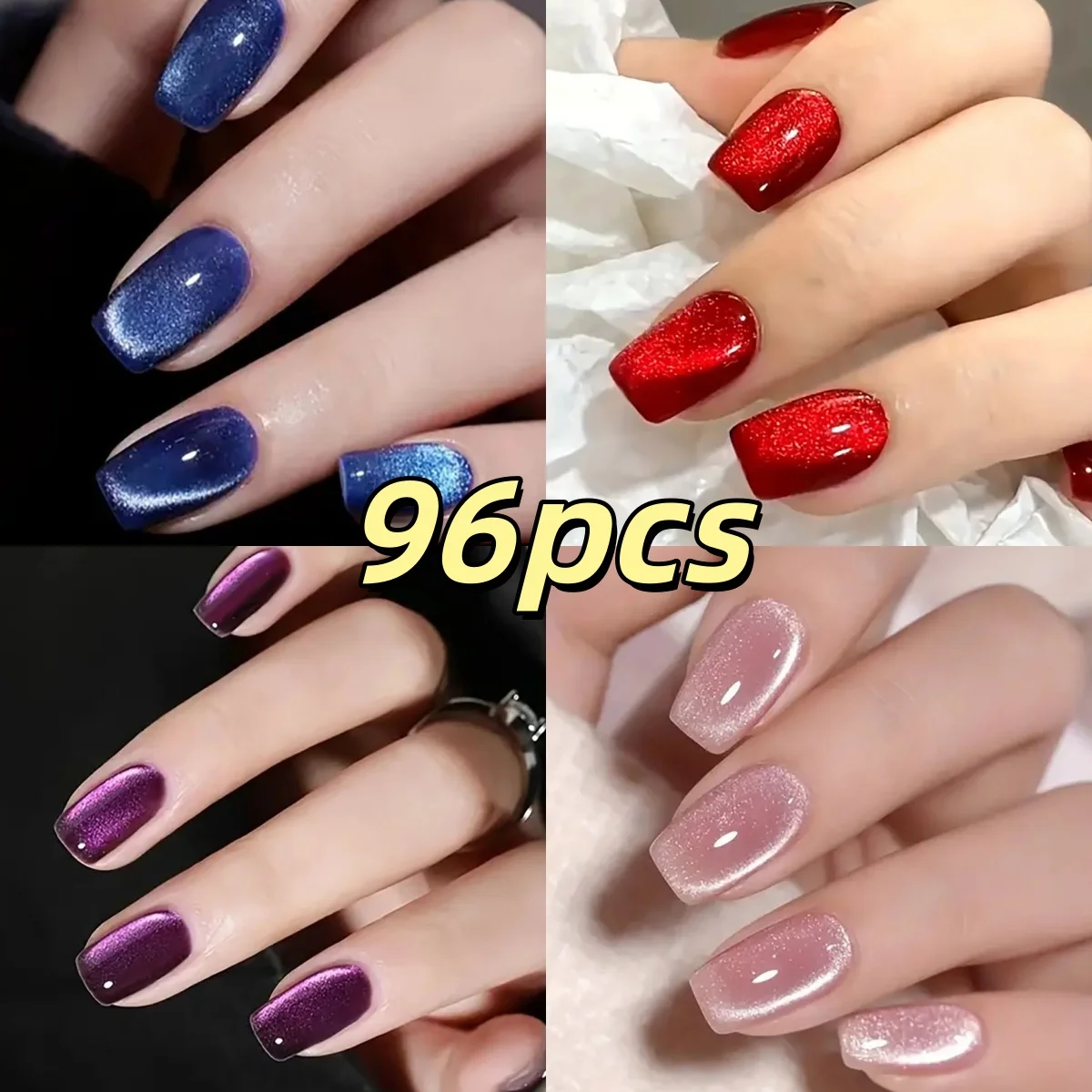 96pcs 4color Glossy Short Square Cat Eye Press on Nails Red Pink Blue Purple Phantom Glitter Fake Nails Fully Cover False Nails*