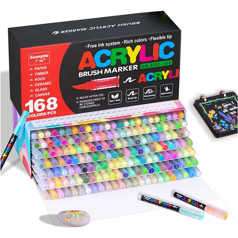 168 Color Acrylic Paint Markers, Soft Brush Tip Acrylic Paint Pens,Quick-Drying Waterproof Acrylic Markers for Canvas, Rock