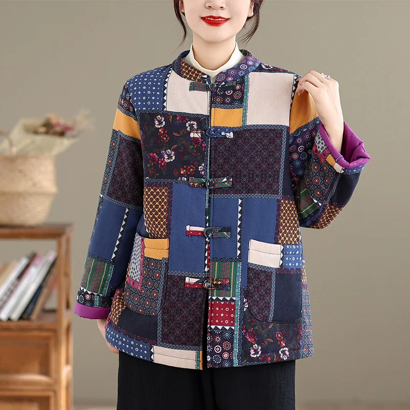 

New Chinese Sle Floral Cotton Jaet Women's Winter Faion Stand Collar Interlined Warm Outerwear Cotton Coat