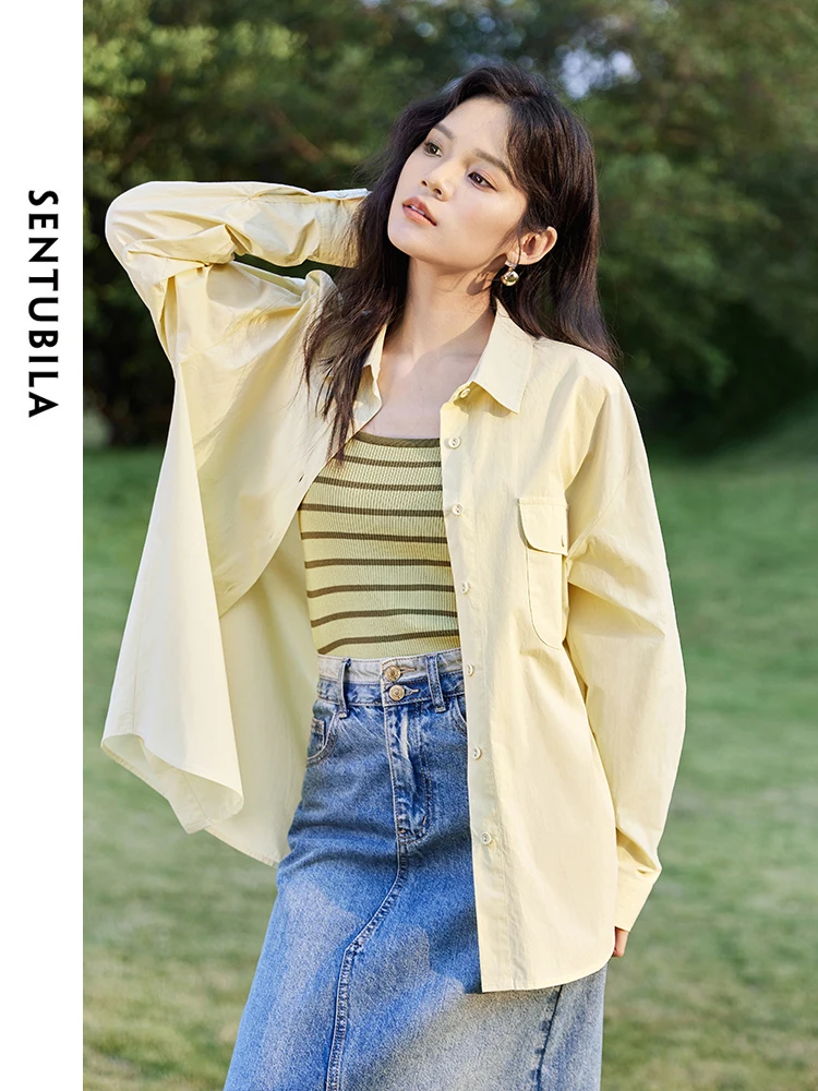 SENTUBILA Pure Cotton Oversized Shirt Women 2024 Spring Autumn Casual Fashion Button Up Shirts Blouses Woman Clothes 141C53811