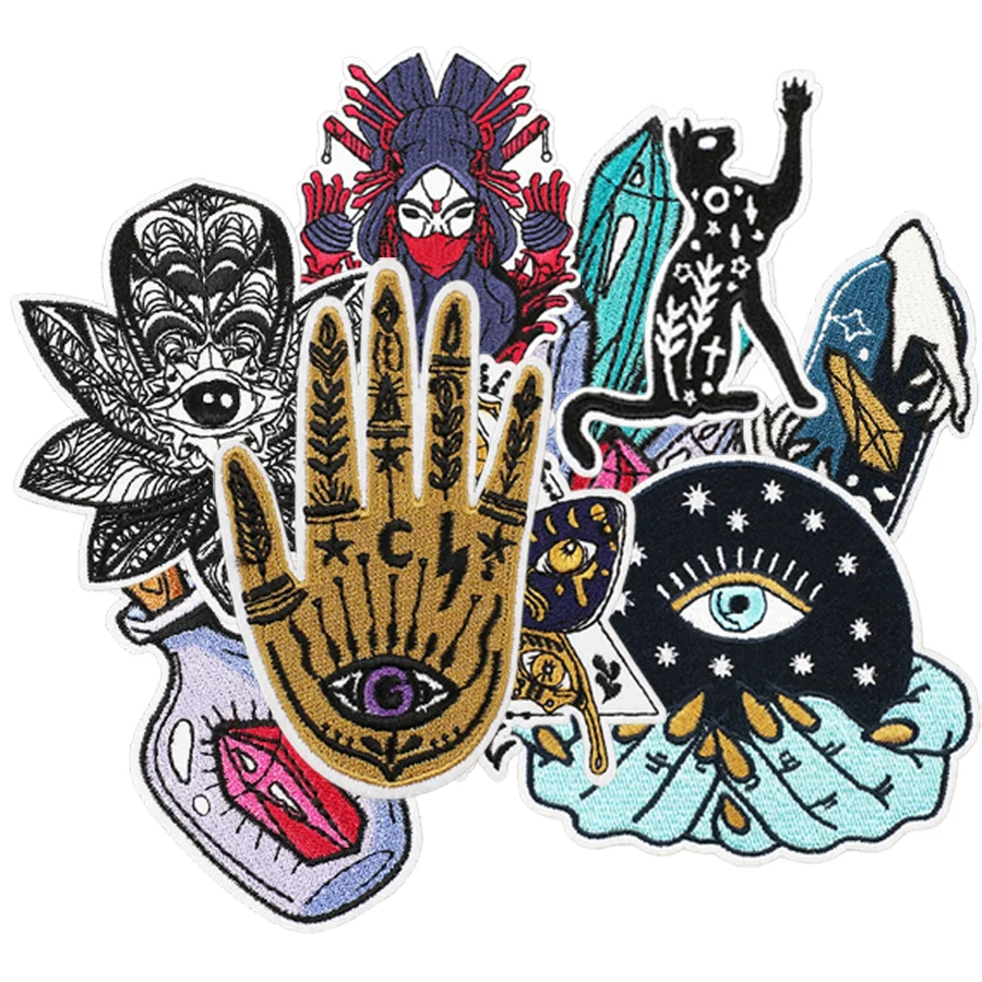 

Готическая вышивка загадочного глаза дьявола с ужасающим котом и хрустальной утюгом на нашивке — темный стиль для куртки, толстовки и сумок