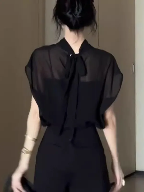 Faionable Versatile Thin Lace ort Sve Chiffon irt Women Summer Ba Tie Design Loose Slimming Stand Collar Top