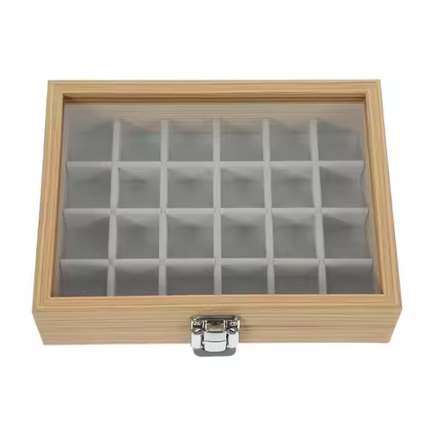 Wooden Jewelry Box With Lid 24-Grid Jewelry Storage Organizer Tray Portable Multi-Compartment Display Case