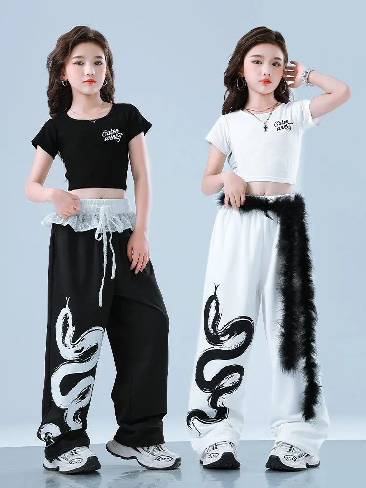 

Kid Hip Hop Clothing White Black Back Keyhole Lace up Crop T Shirt Casual Snake Sweat Pants for Girl Dance Wear Costume Clothes