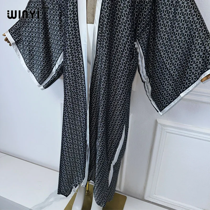 WINYI Kimono Women Elegant print Long Sleeve Cardigan Female Blouse Loose abaya beachwear Cover Up boho dress party kaftan