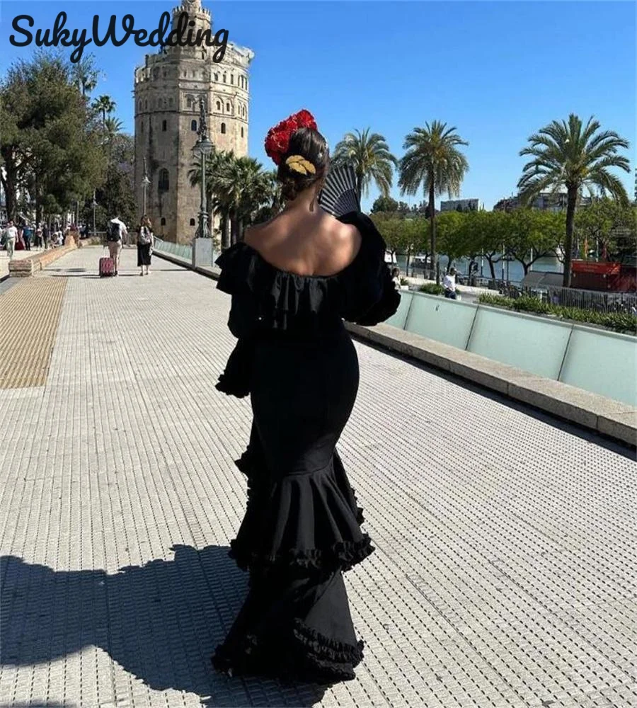Black Mermaid Flamenco Dancing Prom Party Gowns with Tiered Skirt Long Sleeves Occasion DressesFALDA DE FLAMENCA Customized