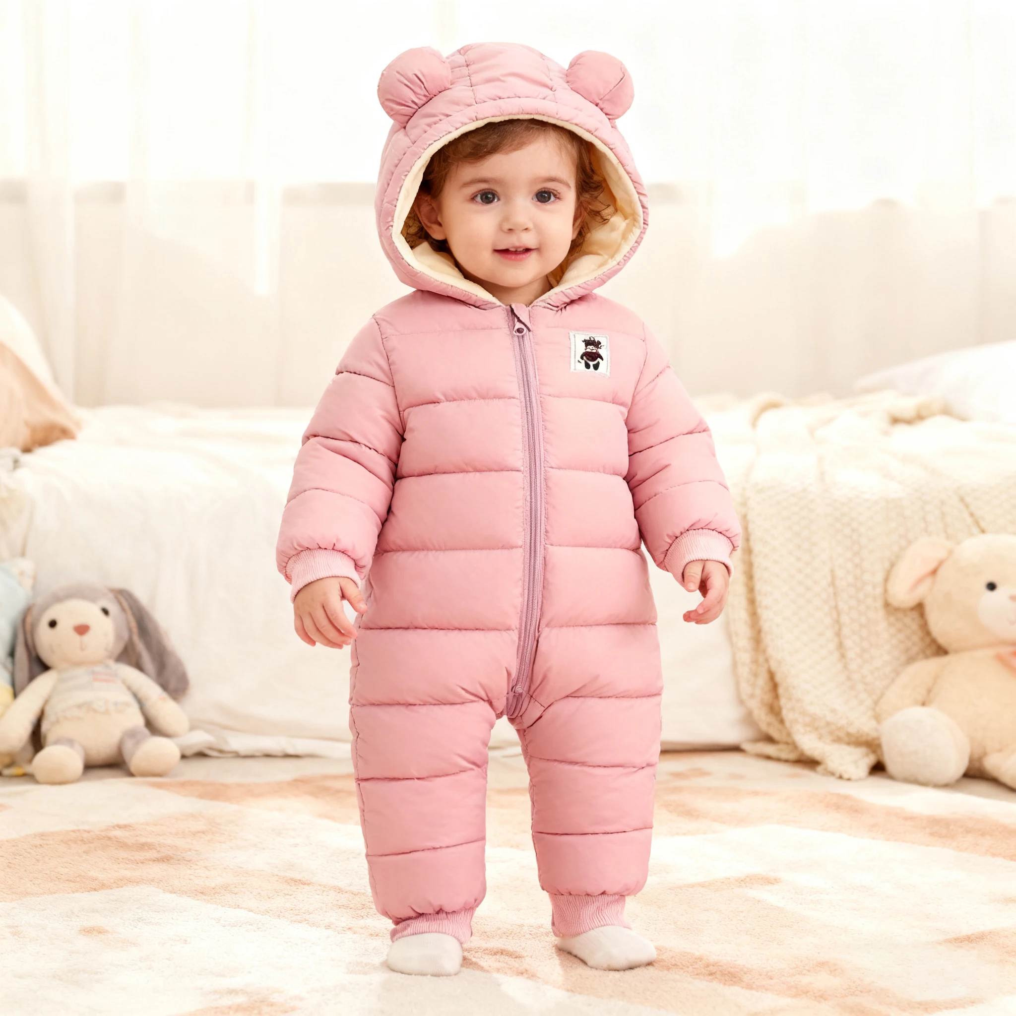 

Fashion Baby Boys Girls Snowsuit Newborn Winter Rompers Infant Bear Hooded Jumpsuit Toddler Snow Outfit for 0-24 Months