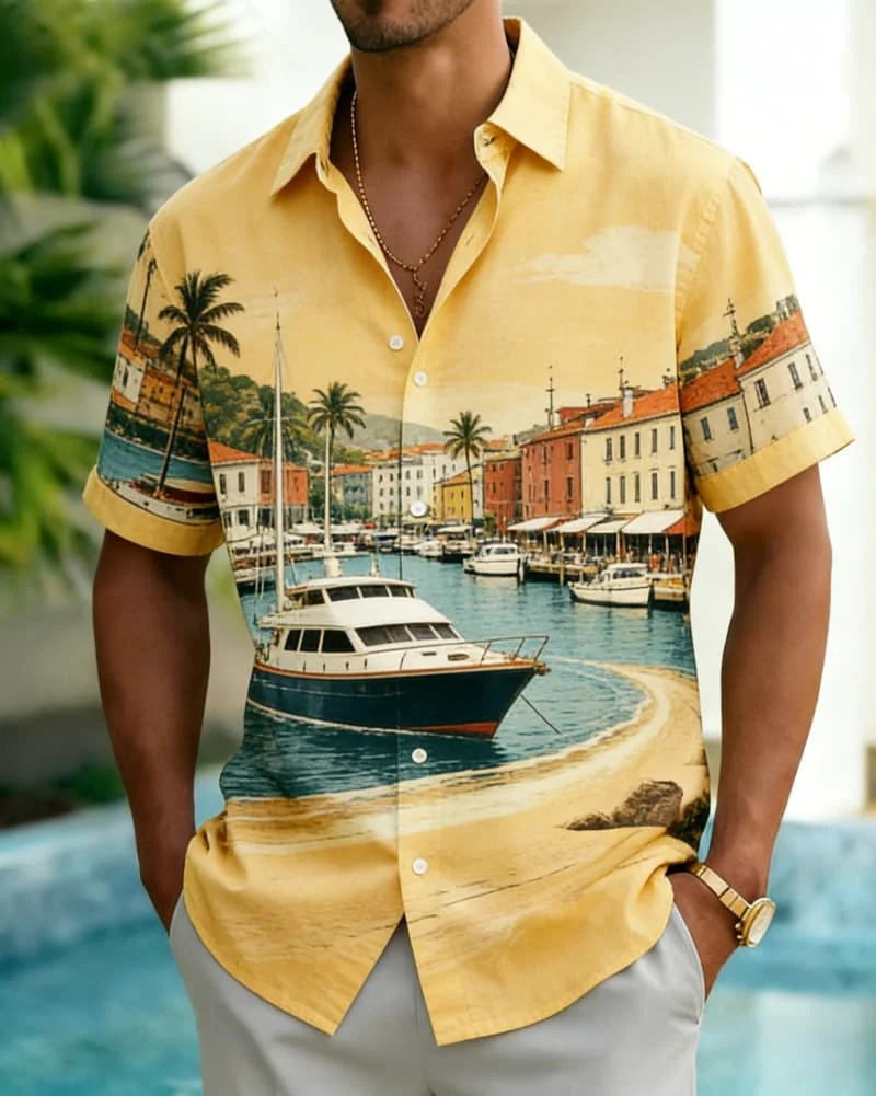 

Мужская винтажная рубашка с отложным воротником и принтом тропического побережья, гавайский повседневный дизайн для летнего отдыха, на каждый день и для уличного стиля