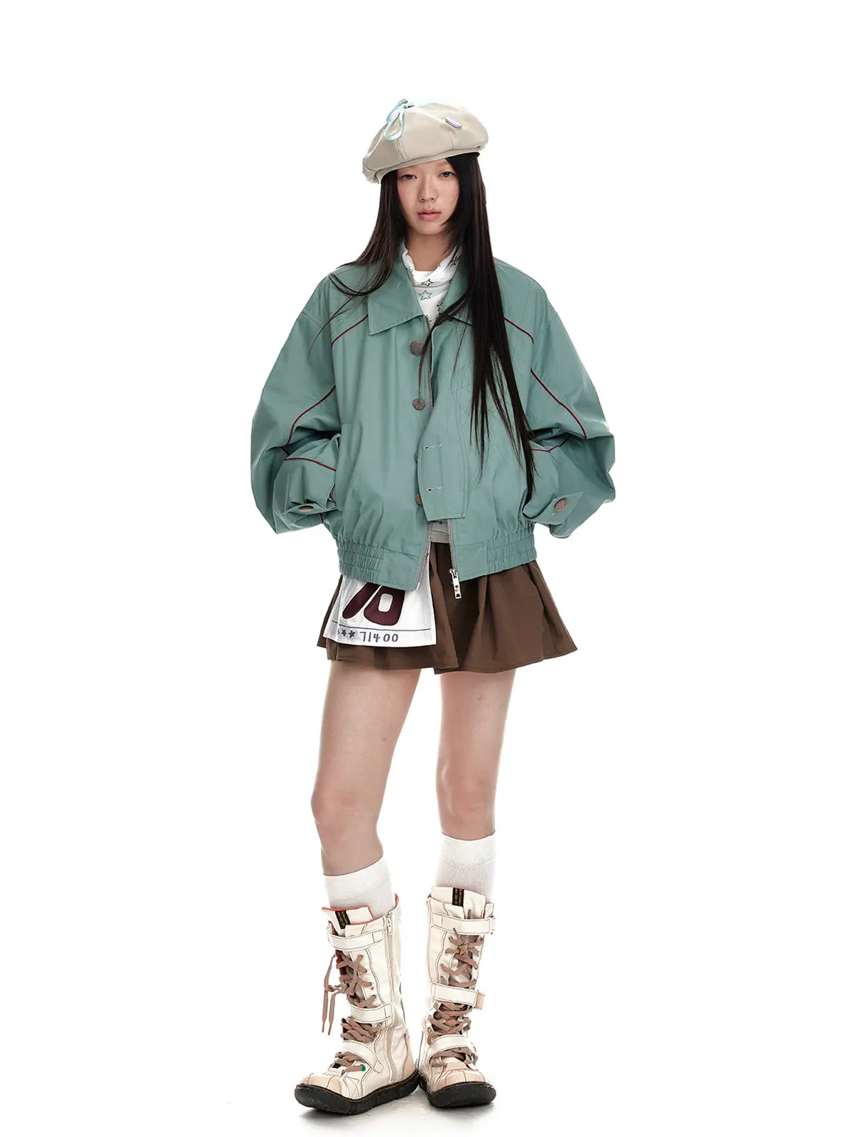 Lapel Cropped Bomber Jacket for Women Vintage Contrasting Splicing Lapel Silhouette Jacket Women's Loose Jacket Water Green