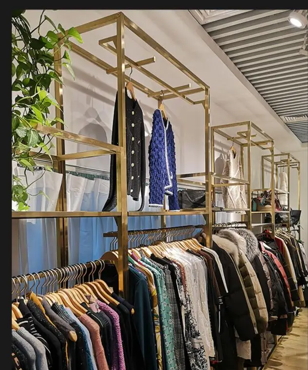 Stainless steel clothing store display rack Floor-to-ceiling double-layer gold display rack hanging clothes shelf