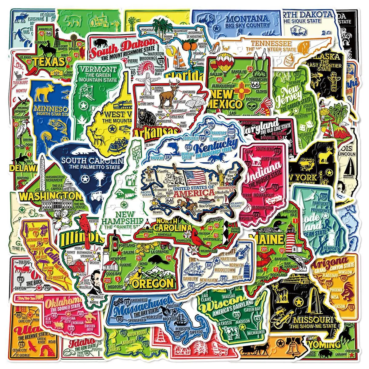 50Pcs United States Travel City Map Stickers USA American DIY Stickers Scrapbooking Phone Luggage Vinyl Waterproof Decals