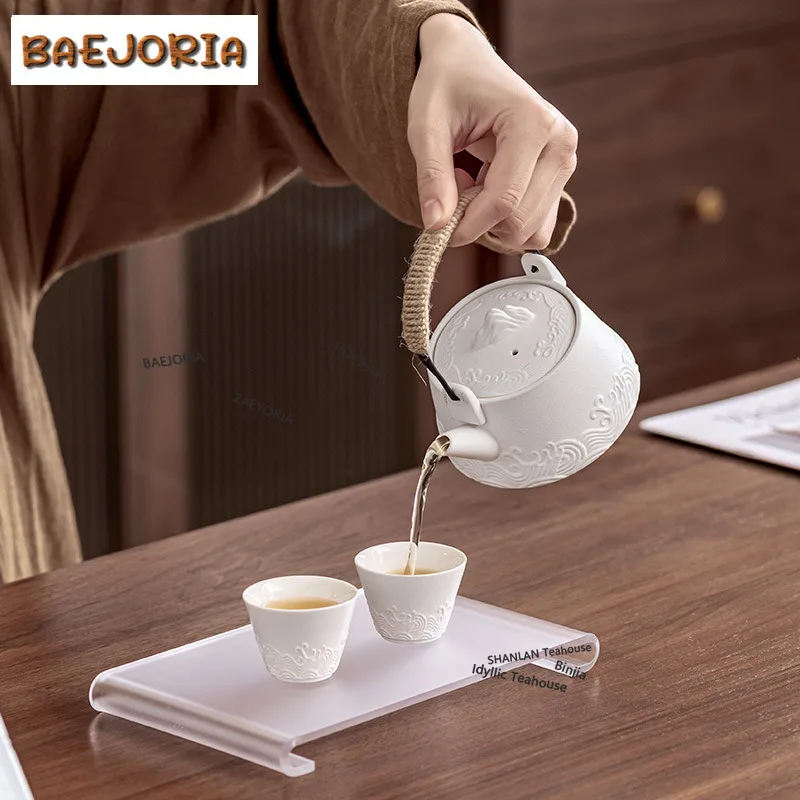 BAEJORIA Retro Sea Wave Vine Weaving Lifting Handle Pot Tea Set Kit Traditional 1 Pot 2 Cups Tea Making Camping Stock Bags Craft