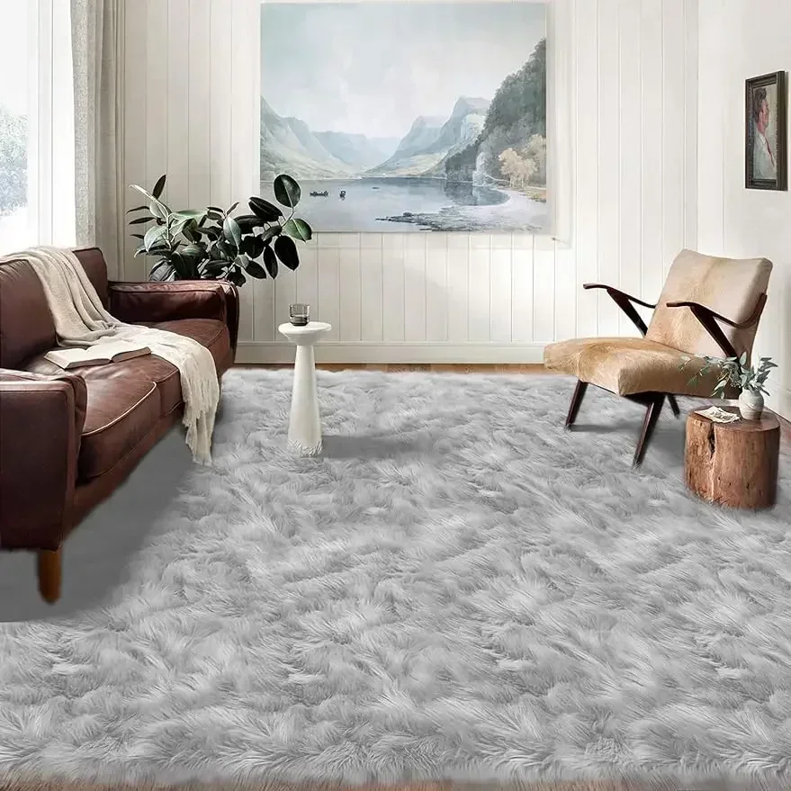 Latepis Area S 10x14 Living Room Rug Washable Grey Faux Sheepskin Fur Rug Fluffy Rug For