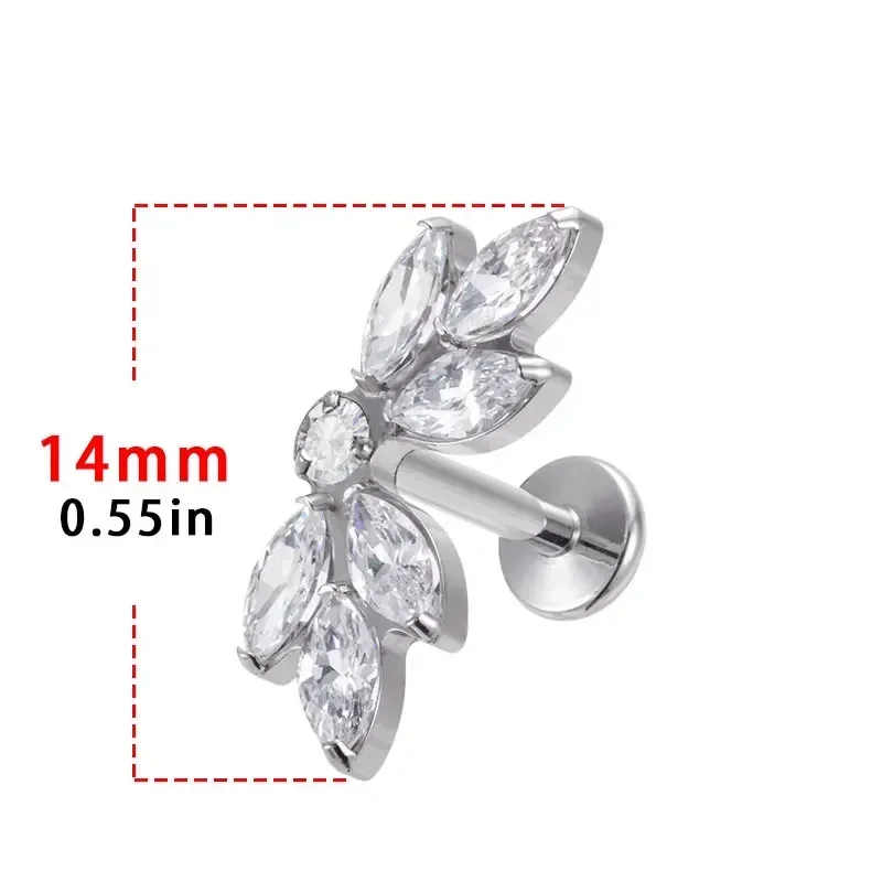 ASTM F136 Titanium 16G 18G EAR Leaf Shape with CZ Top Cartilage Tragus Earrings Ear Lip Helix Studs Tongue Nail Piercing Jewelry