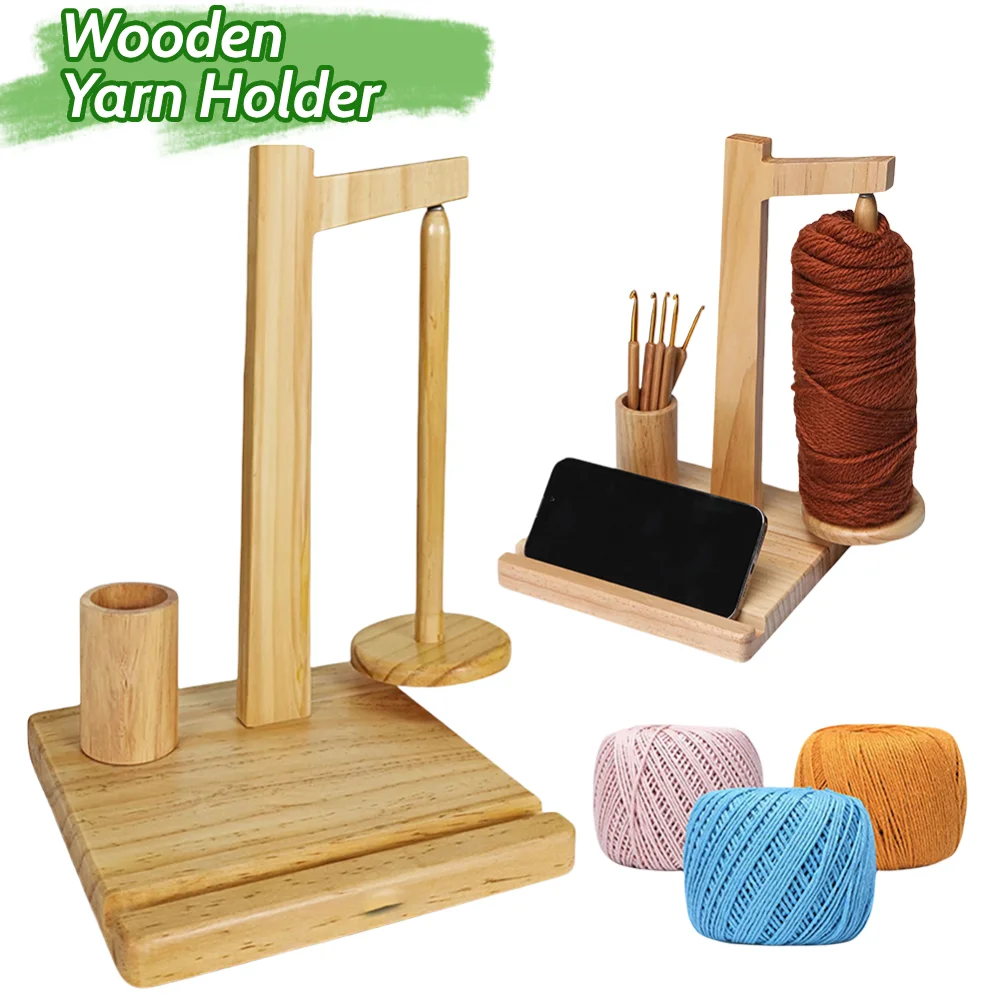 Wooden Yarn Holder Yarn Ball Holder with Phone Stand Yarn Spinner Rotatable Yarn Ball Storage Rack Crocheting Accessories