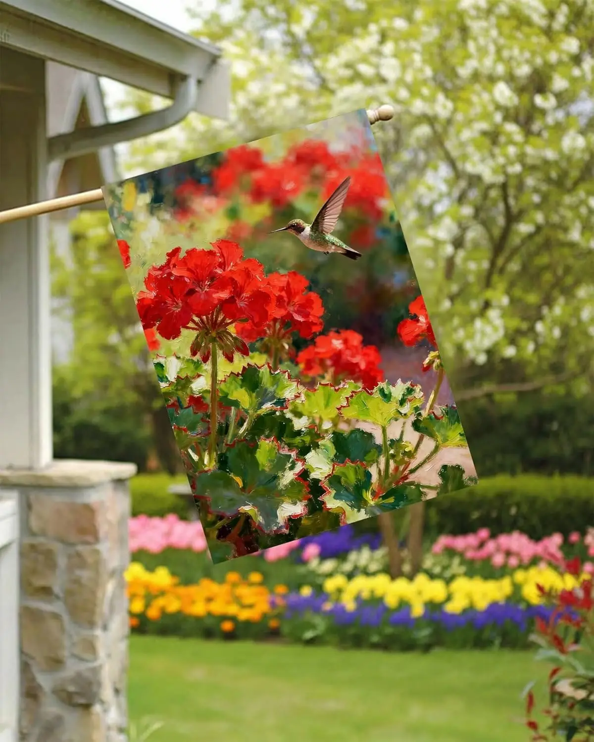 Flying Hummingbird Spring Summer Bright Flowers Geranium Field House Flag 28