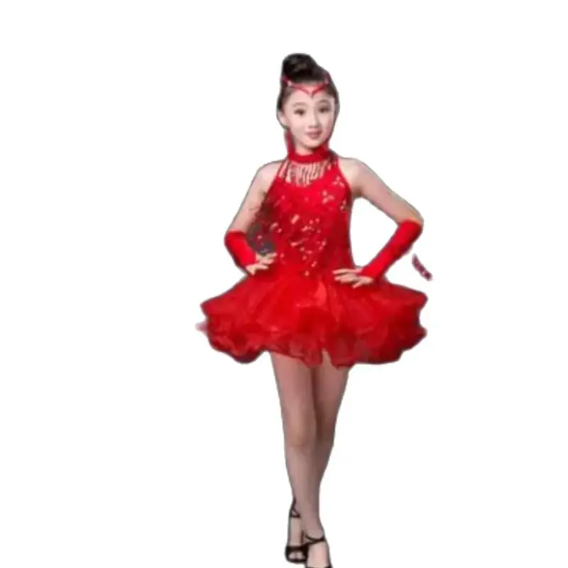 1pcs/lot children high waist latin dress girl backless tassel performance latin sequin dress 3colors